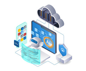 Poster - AI robot develops smartphone app technology infographic flat isometric 3d illustration