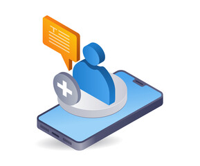 Poster - Adding new followers on smartphone social media, 3d flat isometric illustration infographics