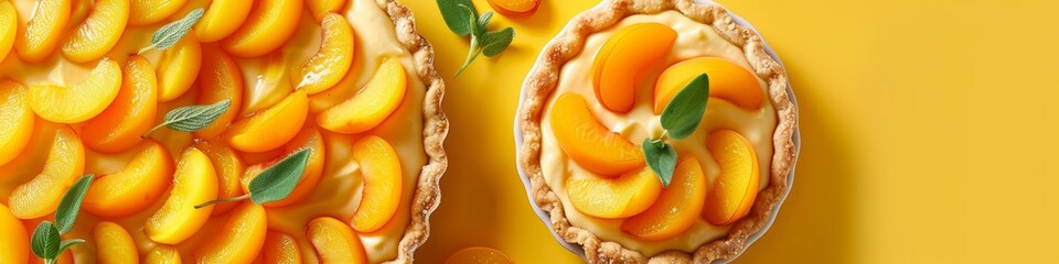 view of a pie topped with ripe peaches and apricot compote on a creamy almond tart.Gluten free homemade baking concept. Banner