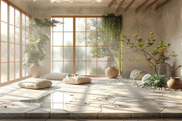 Wall Mural - The serene, tranquil hues of pale peach and light sage, creating a peaceful ambiance. Concept of meditation space. Generative Ai.