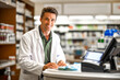 © Garnar - Male apothecary, Caucasian pharmacist in white lab coat fills a prescription on a counter. Pharmacy, organized shelves with medication on background. Concept of professional healthcare for community