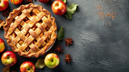 Freshly baked apple pie with lattice crust surrounded by whole apples and spices on dark surface