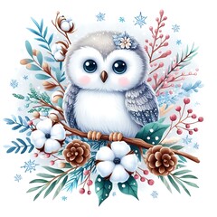 Wall Mural - winter cute owl with cotton flowers bouquet watercolor vector illustration	