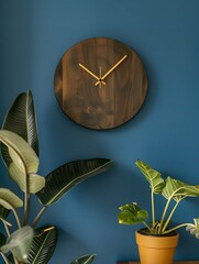 A wooden wall clock hangs on a blue wall next to a potted plant. The clock has a round face with a natural wood grain finish