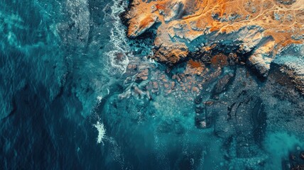 aerial view of ocean waves meeting rocky shore with contrasting blue and orange tones