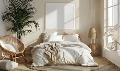 Aufkleber - white frame mockup in a cozy, serene bedroom setting