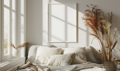 Aufkleber - white frame mockup in a cozy, serene bedroom setting