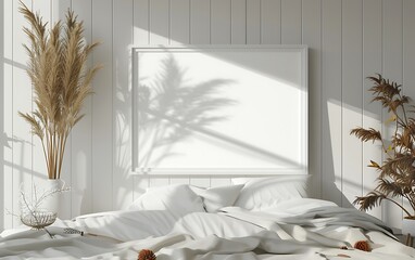Poster - white frame mockup with a neat minimalist bedroom background