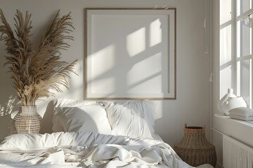 Aufkleber - peaceful atmosphere with white frame mockup in a bright and comfortable bedroom, clean aesthetic