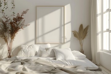 Aufkleber - peaceful atmosphere with white frame mockup in a bright and comfortable bedroom, clean aesthetic
