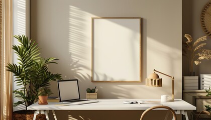Poster - Capture the essence of simplicity with a white frame mockup in a comfortable, clean and minimalist office interior.
