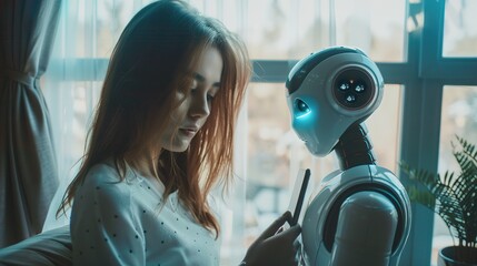 Fototapete - Woman using chat bot in smartphone intelligence Ai. Chat with AI Artificial Intelligence, developed by OpenAI generate. robot in online system. in office