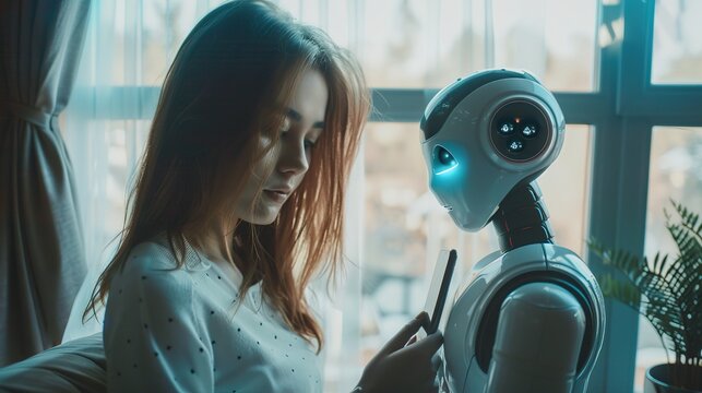 Woman using chat bot in smartphone intelligence Ai. Chat with AI Artificial Intelligence, developed by OpenAI generate. robot in online system. in office