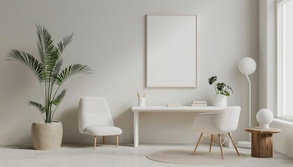 Poster - Create a white frame mockup in a serene, minimalist office setting, clean lines and simple decor