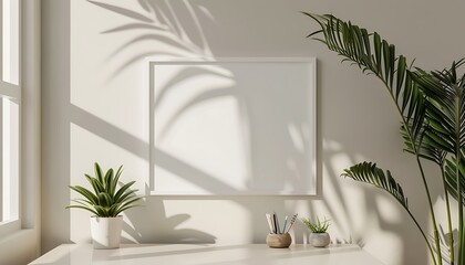 Poster - Create a white frame mockup in a serene, minimalist office setting, clean lines and simple decor