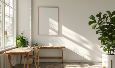 Poster - mockup frame in a light, airy office space. Clean, minimalist design with a focus on simplicity and detail