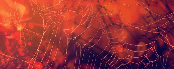 Dewdrops on spiderweb at sunrise
