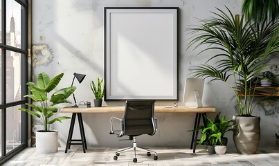 Aufkleber - mockup frame in a serene office space. Emphasized simplicity and cleanliness against a light background
