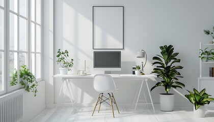 Aufkleber - White frame mockup in a simple and well-organized office background.  Guarantees the neatness and cleanliness of the composition