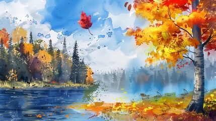 Poster - Illustration painting colorful autumn, summer season nature background. Abstract art image of forest, tree with yellow, red leaf, blue cloud in sky and lake with watercolor paint. Outdoor landscape