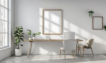 Poster - mockup frame in a light, minimalist office environment. Focus on clean aesthetics and simple details