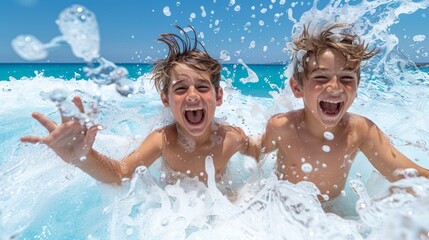 Two young boys joyously playing in vibrant ocean waters, with splashing waves under a clear blue sky, capturing a lively and exhilarating summertime moment at the beach