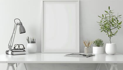 Aufkleber - white frame mockup in a serene, well-lit office space. Keep the design minimal and clean with a tidy table