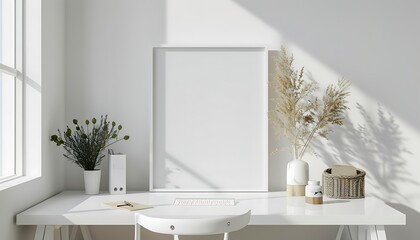 Poster - white frame mockup in a simple, elegant office setting. Ensure cleanliness and neatness in the composition