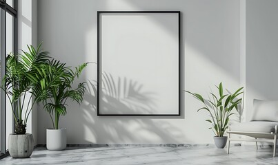 Poster - mockup frame in a bright, minimalist office backdrop. Emphasize clean lines and simplicity for a modern look