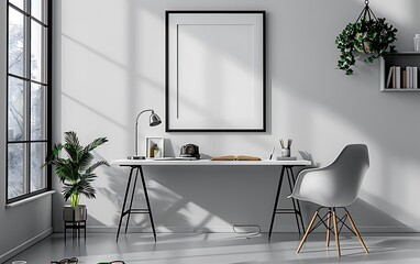Poster - white frame mockup against a cozy, clutter-free office interior. Opt for a simple and neat design with clean table details