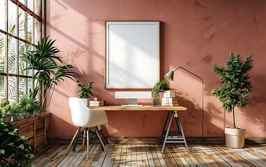 Poster - white frame mockup against a cozy, clutter-free office interior. Opt for a simple and neat design with clean table details