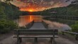 Serene lakeside vista at sunset featuring a wooden bench and dock extending into tranquil waters under a vibrant sky