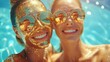 Two Smiling Women with Golden Glitter on Faces Wearing Sunglasses by a Pool Reflecting the Sun and Palms on a Bright Sunny Day