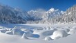 Winter wonderland: A serene landscape blanketed in snow with majestic mountains under a clear blue sky