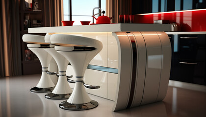 Wall Mural - Three modern white bar stools in a contemporary kitchen with a red and black background