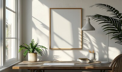 Poster - mockup frame in a minimalist, clutter-free office setting. Emphasize neatness and simplicity in the design