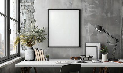 Poster - mockup frame in a minimalist, clutter-free office setting. Emphasize neatness and simplicity in the design