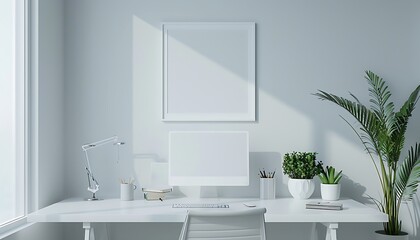 Poster - white frame mockup in a serene, well-lit office space. Ensure neatness and clean lines for a minimalist look