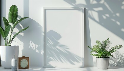 Poster - white frame mockup in a serene, well-lit office space. Ensure neatness and clean lines for a minimalist look