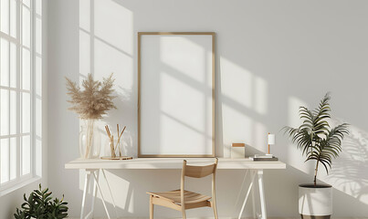 Poster - white frame mockup in a simple, elegant office setting. Ensure cleanliness and neatness for a polished look
