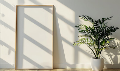 Poster - mockup frame in a bright, minimalist office environment. Emphasize clean lines and simplicity for a modern aesthetic
