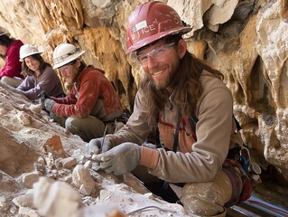 A man in a hard hat is smiling while working in a cave. The other people in the cave are also wearing hard hats and seem to be working on a project. Scene is positive and collaborative