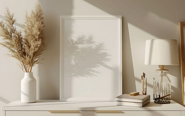 Poster - white frame mockup against a cozy, clutter-free office backdrop. Opt for a simple and neat design with clean table details