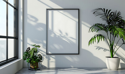 Poster - white frame mockup against a cozy, minimalist office backdrop. Keep the composition clean and simple with a tidy table