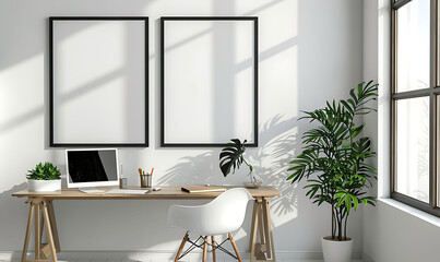 Poster - mockup frame in a minimalist, clutter-free office setting. Emphasize neatness and simplicity in the design