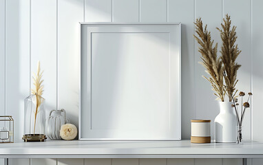 Poster - white frame mockup in a serene, well-lit office space. Ensure neatness and clean lines for a minimalist aesthetic