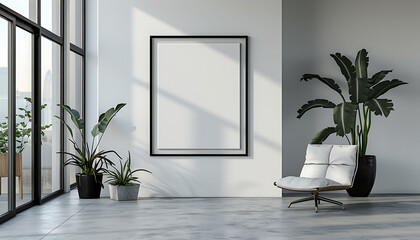Poster - mockup frame in a light, airy office interior. Focus on simplicity and clean lines for an elegant look