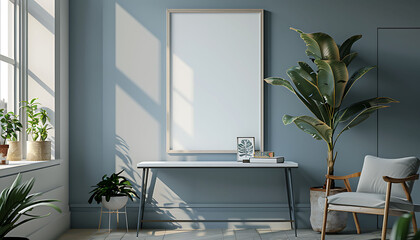 Poster - white frame mockup against a cozy, clutter-free office background. Opt for simplicity and neatness in the composition