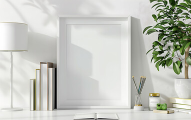 Poster - mockup frame in a clean, modern office setting. Emphasize simplicity and minimalism for a sleek design