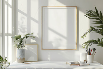 Poster - mockup frame in a clean, modern office setting. Emphasize simplicity and minimalism for a sleek design